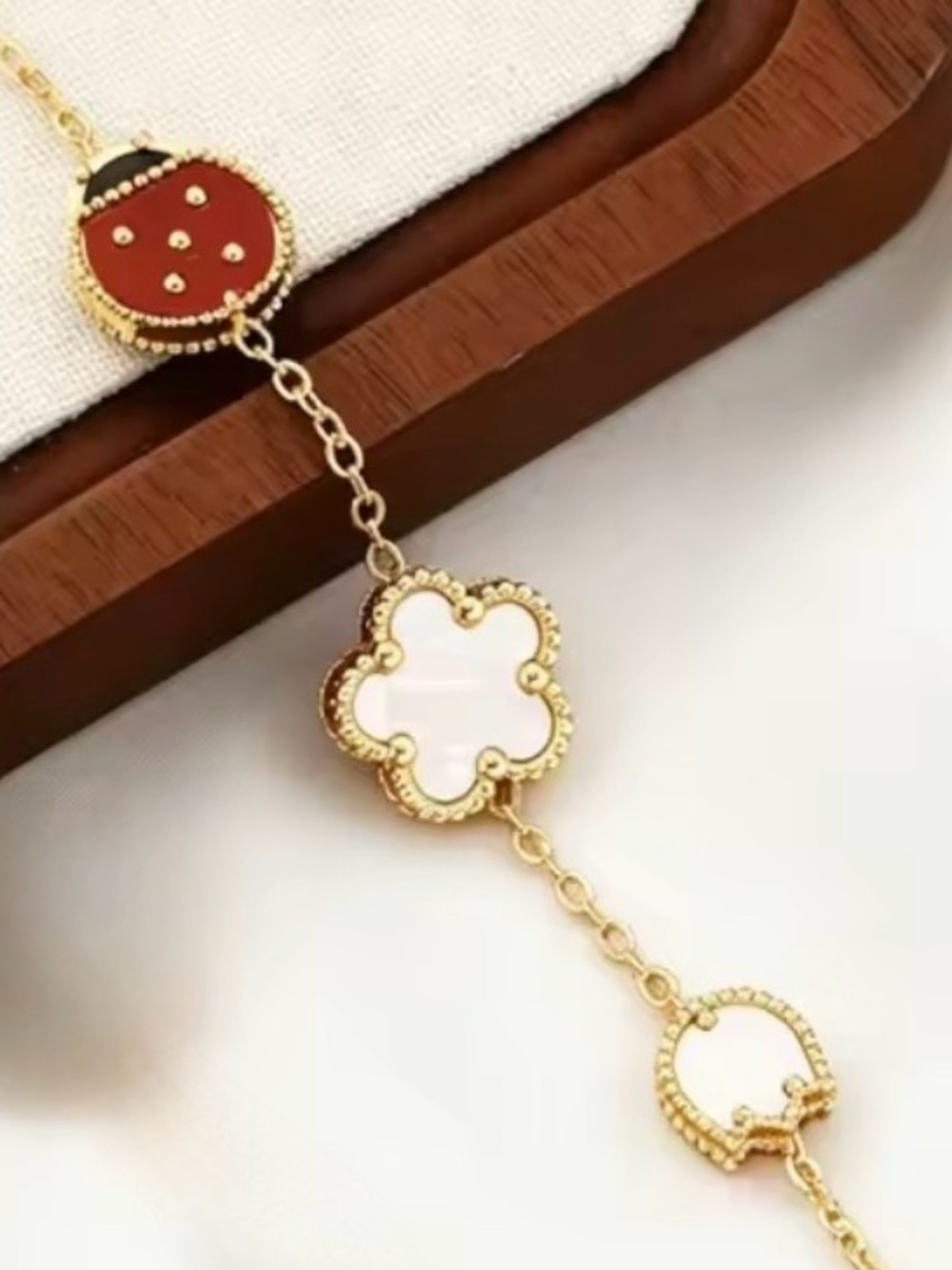 Gold-Plated Women's Clover & Disc Charm White and Red Accents - Picture 3 of 3